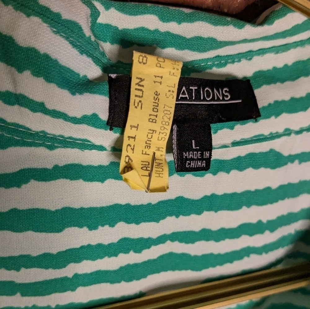 Notations Large Green‎ & White Vertical Striped Long Sleeve Button Down Shirt - Picture 2 of 11